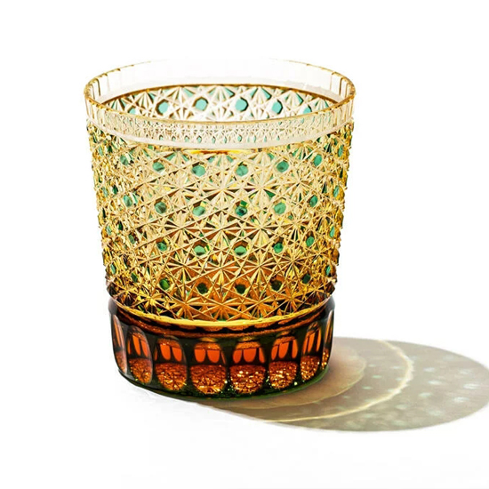 日本制水晶杯太武朗工房江户切子菊花笼木纹琥珀琉璃绿色威士忌杯