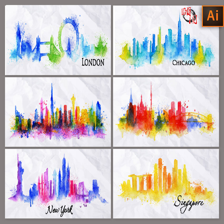 手绘抽象彩色水彩各国城市建筑地标剪影背景装饰画AI矢量设计素材