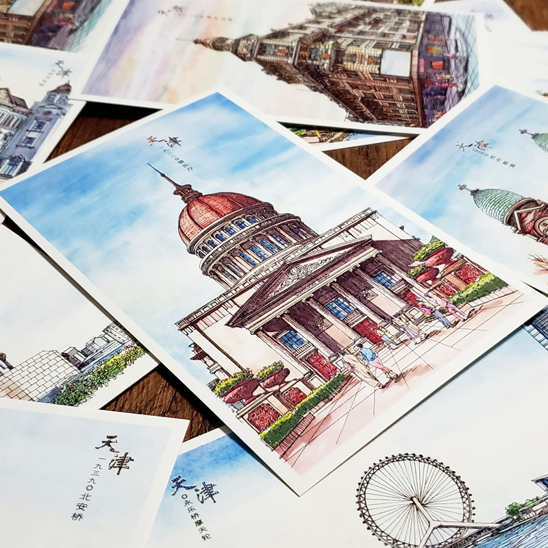 天津 特色景点旅游纪念品小礼物装饰临摹卡片 手绘摄影风景明信片
