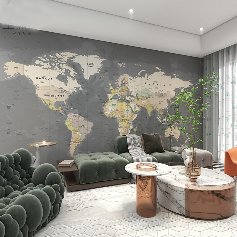现代简约世界地图墙纸工业风主z题酒店房间灰色墙布办公室壁纸大