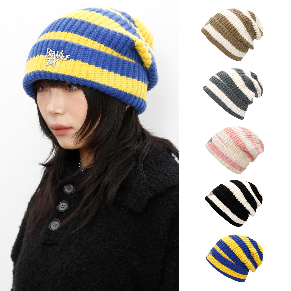 BEAMLIFE23A/W原创自制大头围条纹堆堆帽子男女金属毛线针织帽冬