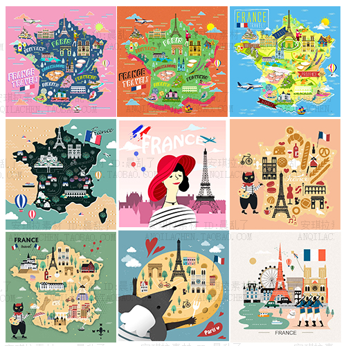 儿童绘本风法国巴黎旅游景点建筑美食插图海报ai矢量设计素材模板