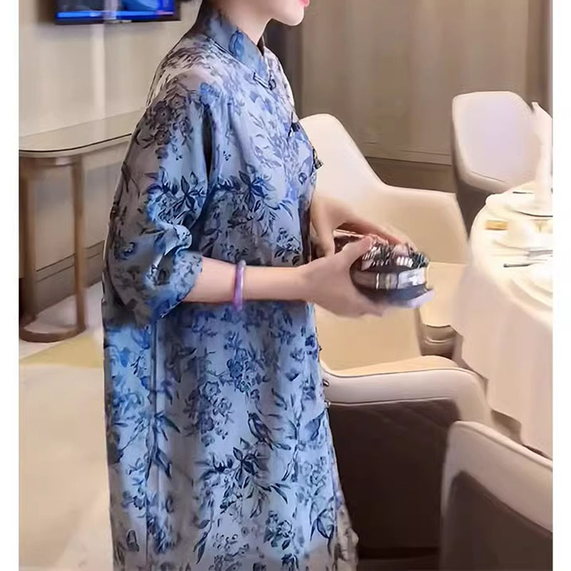 新中式复古国风青花瓷改良旗袍裙大码胖mm宽松显瘦长款衬衫上衣女