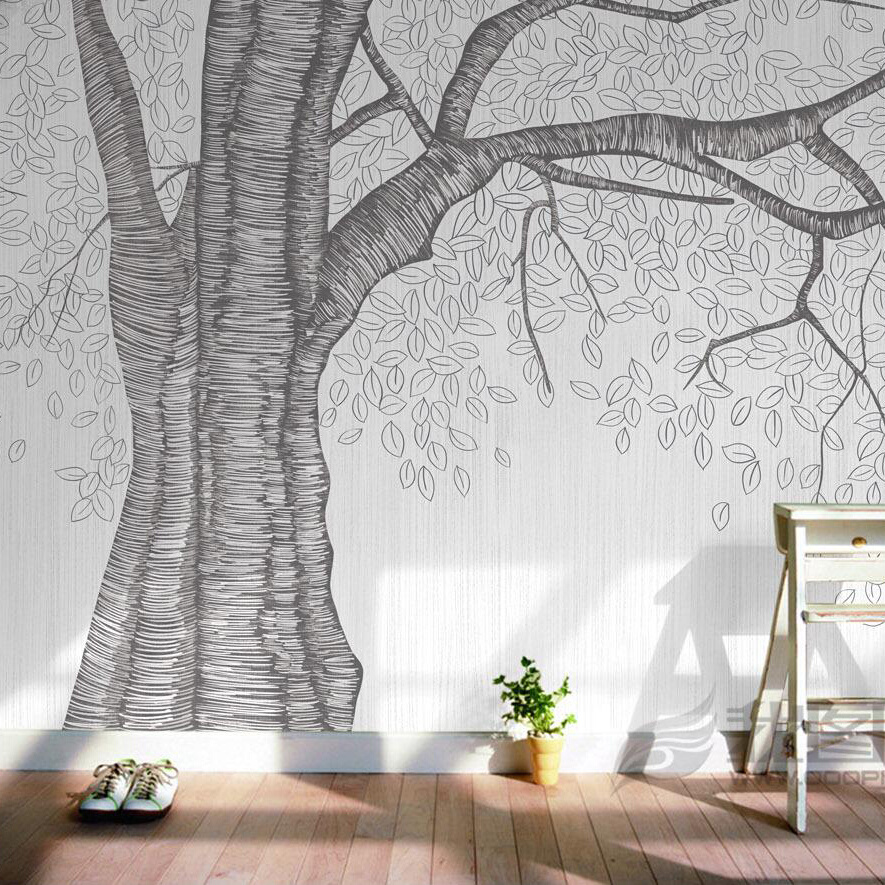 2021手绘黑白素描北欧抽象树客厅电视背景墙纸沙发无纺布壁纸壁画