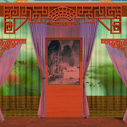 中国风红色纱帘古代山水客厅戏剧戏曲舞台剧高清LED大屏幕图片