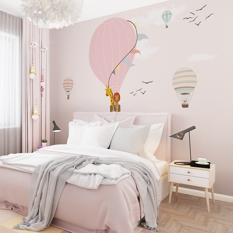 北欧手绘儿童房壁纸男孩女孩卧室墙纸热气球天空卡通可爱墙布壁画