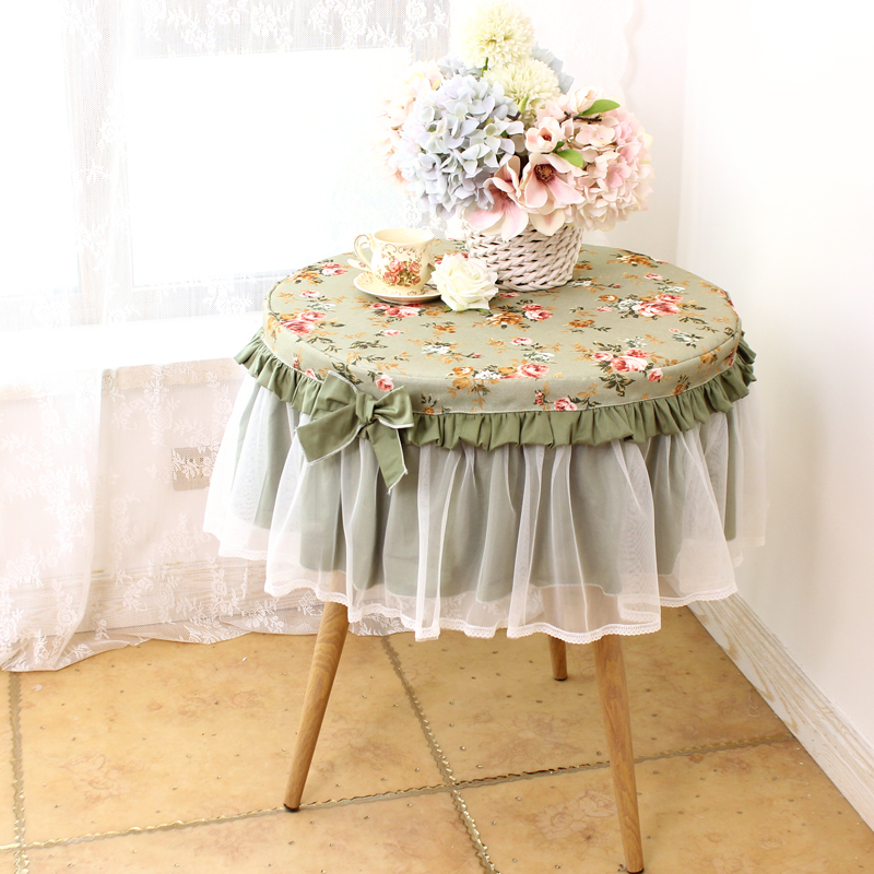 绿色花卉田园小圆桌布圆形家用圆桌布茶几纯棉蕾丝圆床头柜罩台布