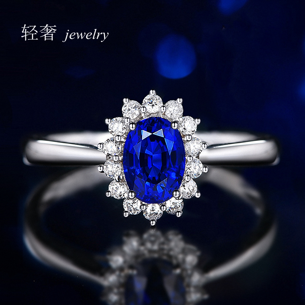 小戴妃蓝宝石戒指女纯银925中指环日韩国气质简约18k白金钻石礼物