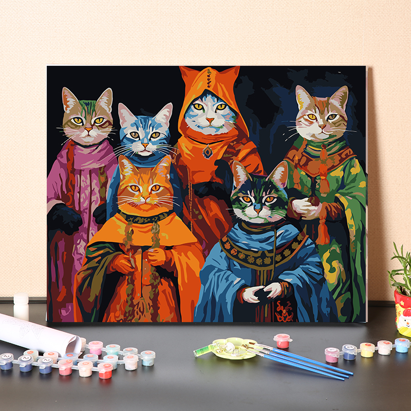 数字油画diy手工填充帅气6位猫大人卡通猫咪手绘填色涂色油彩画画