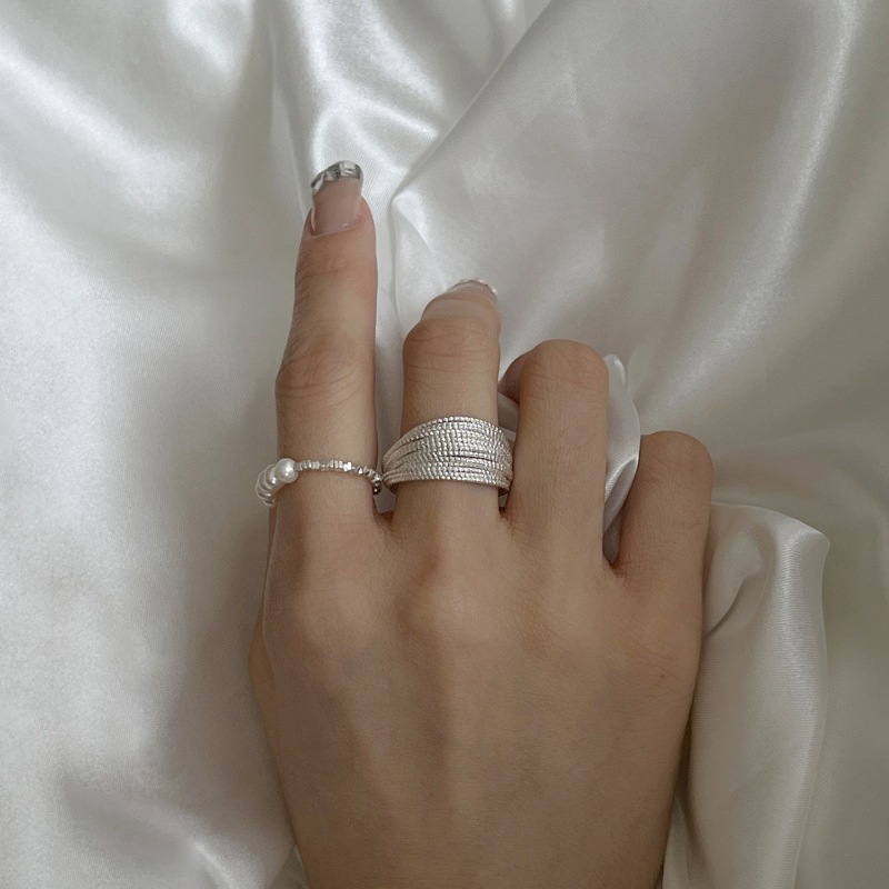 多层线条缠绕戒指女珍珠碎银法式个性S925银指环小众食指戒潮