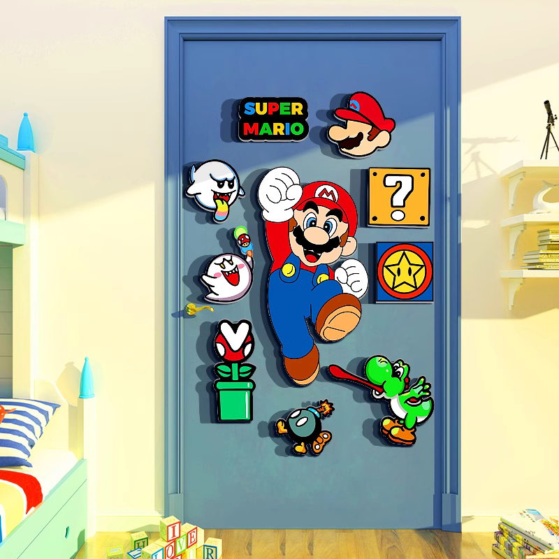 超级玛丽贴纸马里奥挂牌画儿童房间门创意布置互动游戏区墙面装饰