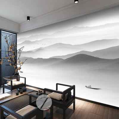 中式水墨黑白意境山水画墙纸客厅沙发电视背景墙壁纸酒店无缝墙布