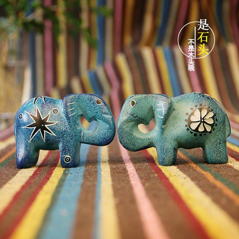 非洲特色手工艺肥皂石石头雕刻摆件圈鼻子象大象装饰品新家工艺品