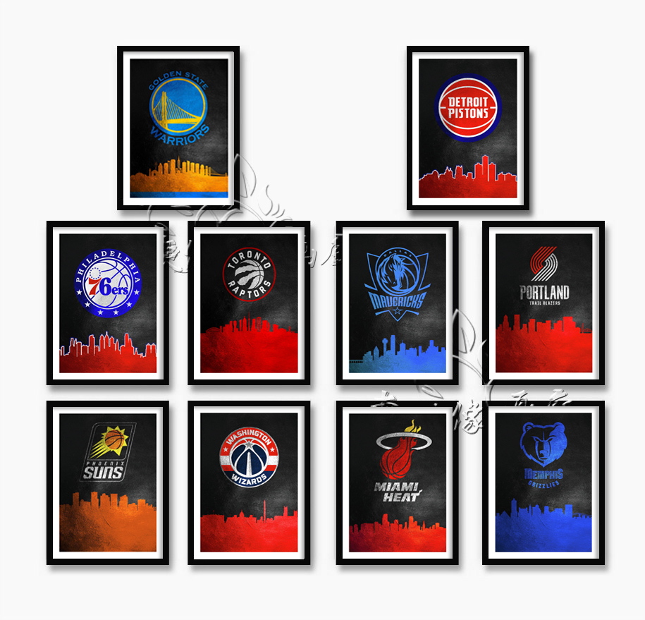 NBA篮球队标框画金州勇士猛龙热火队海报挂画墙画壁画现代装饰画