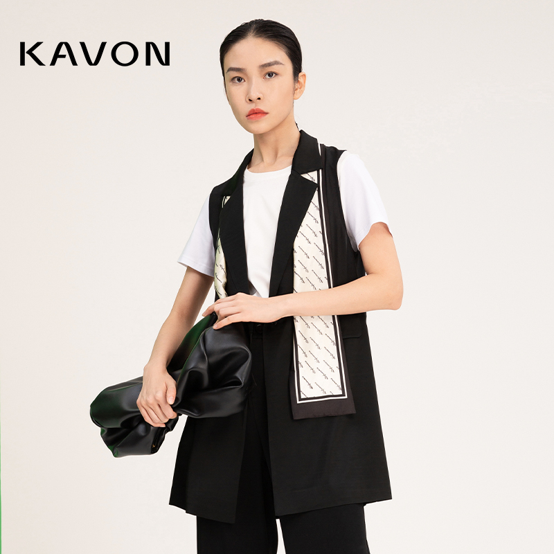 Kavon/卡汶经典黑色西装领时尚通勤拼接设计叠穿易搭配中长款马甲