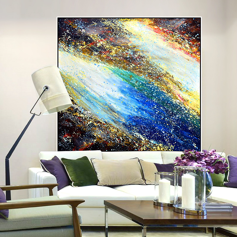 手绘画定制宇宙星空纯手工沙发后面的挂画现代简约大气大尺寸油画
