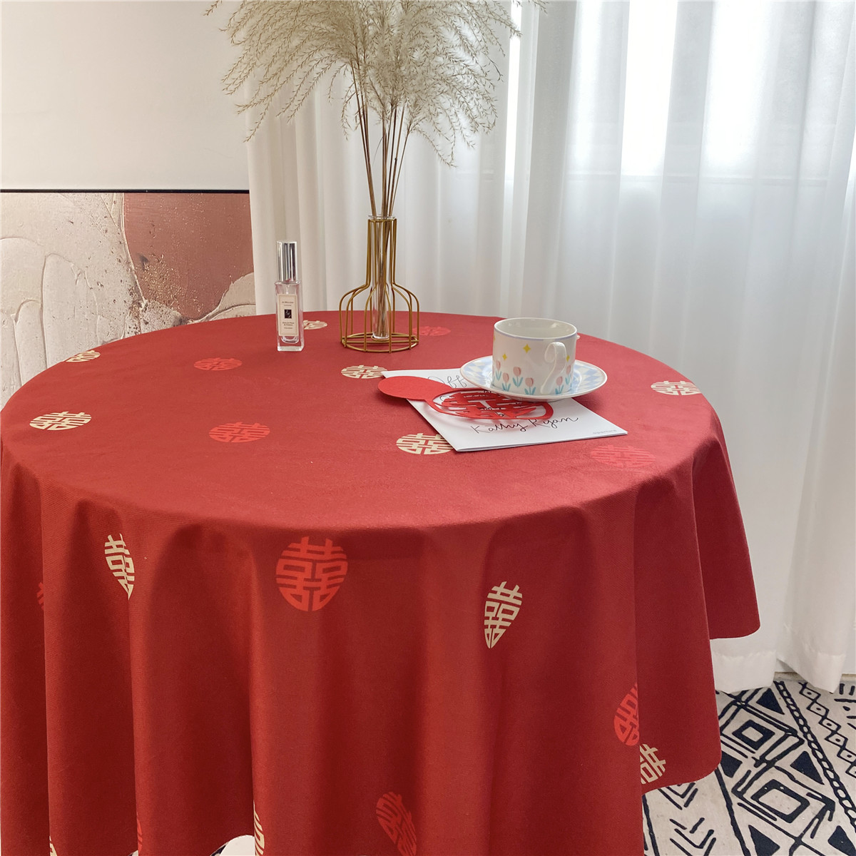 喜字桌布酒席餐桌茶几红色中式喜庆布置结婚房装饰长方形茶几婚房
