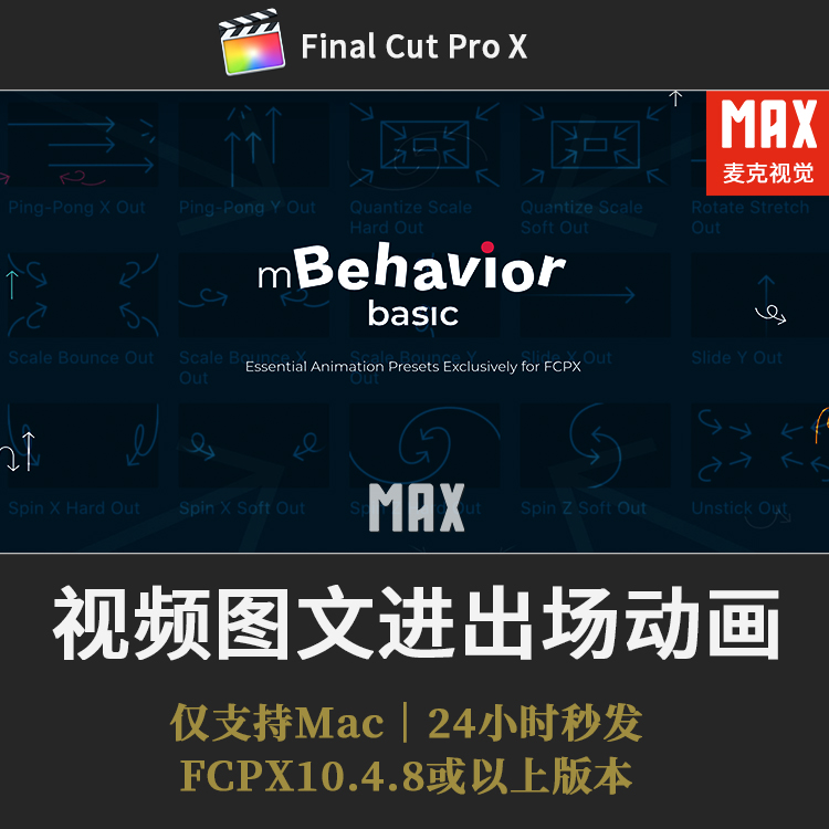 FCPX插件 90种视频图片LOGO图形文字等添加出入画进出场动画预设