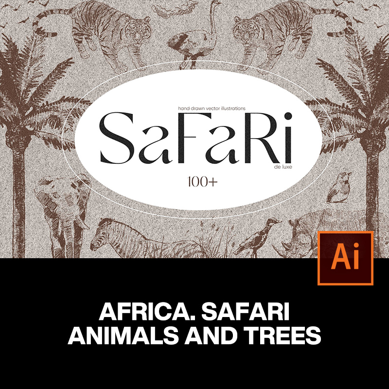 100款单色铅笔手绘非洲野生动物植物速写绘画手稿图案ai设计素材
