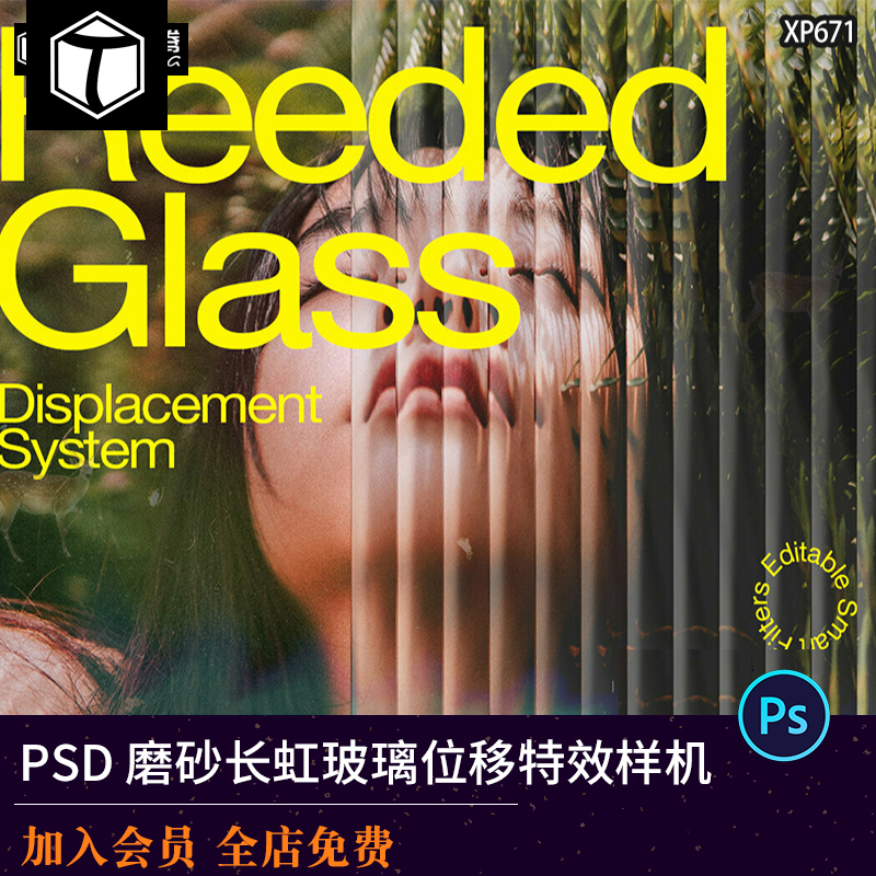 潮流3D磨砂玻璃位移百叶窗海报照片摄影滤镜PSD特效生成样机素材