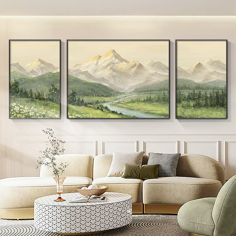 日照金山客厅装饰画源远流长三联挂画山水风景油画沙发背景墙壁画