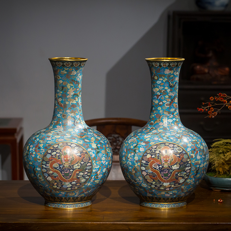 清代铜胎掐丝珐琅万福流云龙纹天球瓶（一对）古玩古董收藏老物件