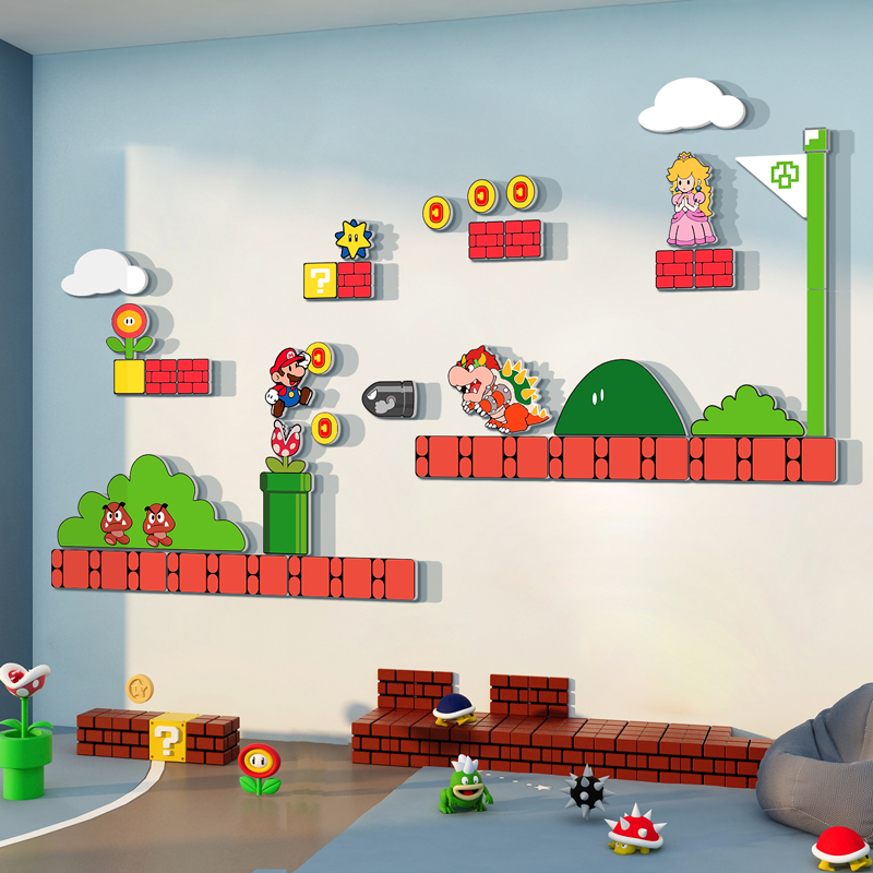 网红超级玛丽马里奥游戏区立体贴纸画儿童房间墙面布置装饰改造