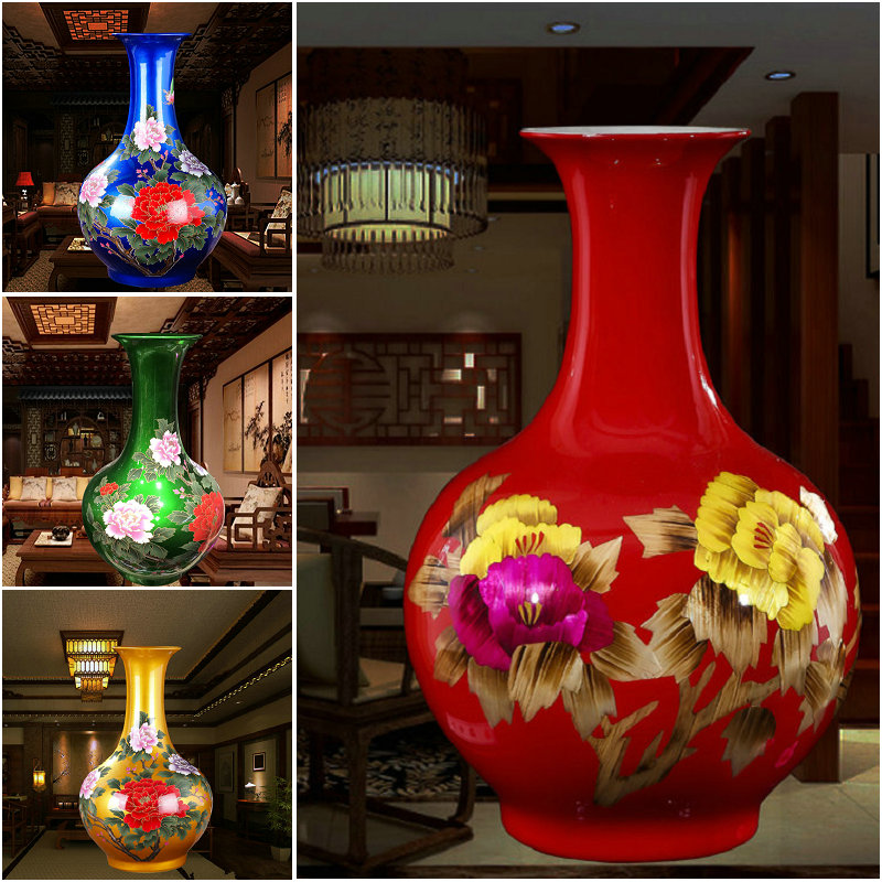 景德镇陶瓷器花瓶红色黄蓝牡丹插花家居现代中式客厅摆件装饰摆设