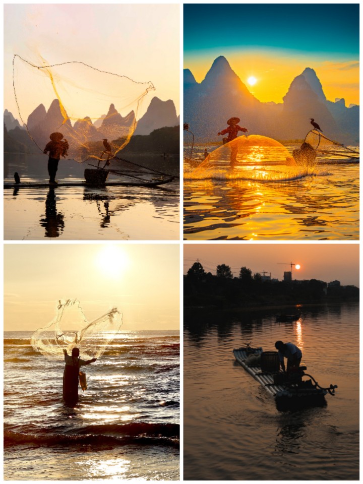 日出日落夕阳湖面渔民渔夫撒网捕鱼打渔摄影图片背景装饰画素材