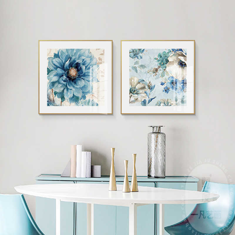 现代花卉蓝色玫瑰餐厅装饰画卧室客厅沙发背景墙油画布面方形挂画