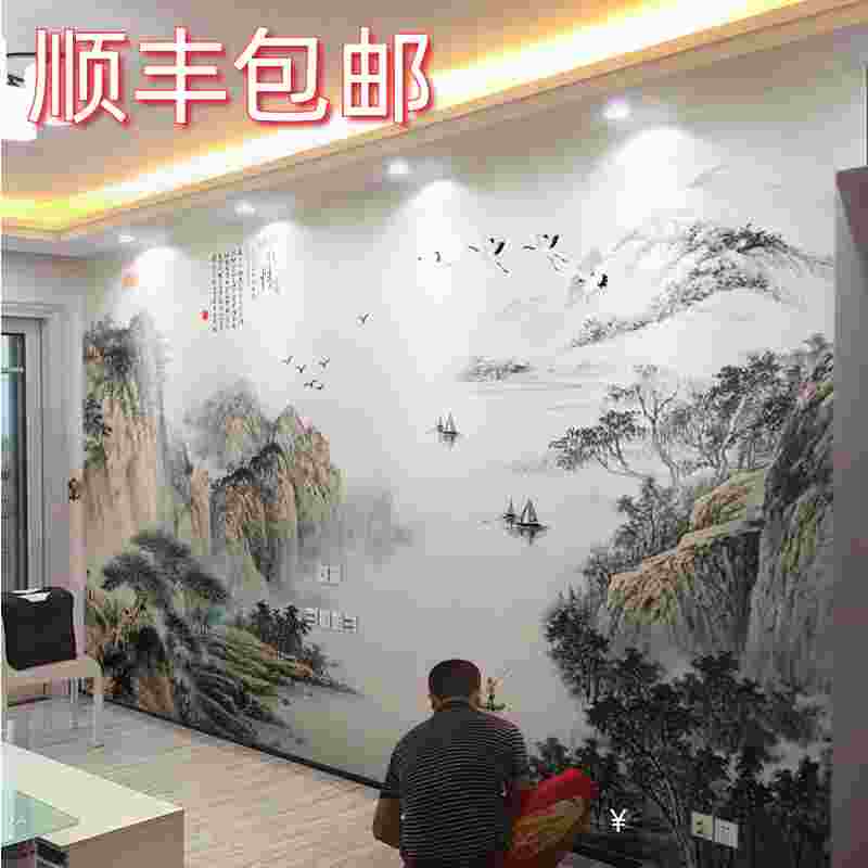 新中式墙纸水墨山水电视背景墙装饰壁画客厅沙发壁纸高端卧室墙布