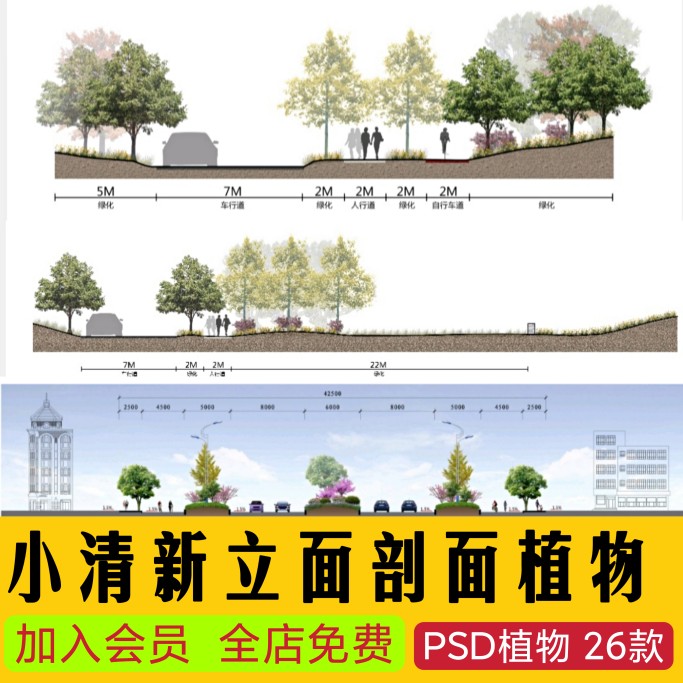 景观小清新树木psd植物PS平面立面剖面效果图海绵城市规划素材