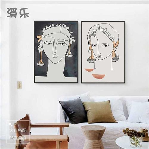 现代装饰画人物抽象线条美女挂画几何肖像黑白客厅玄关画素颜少女