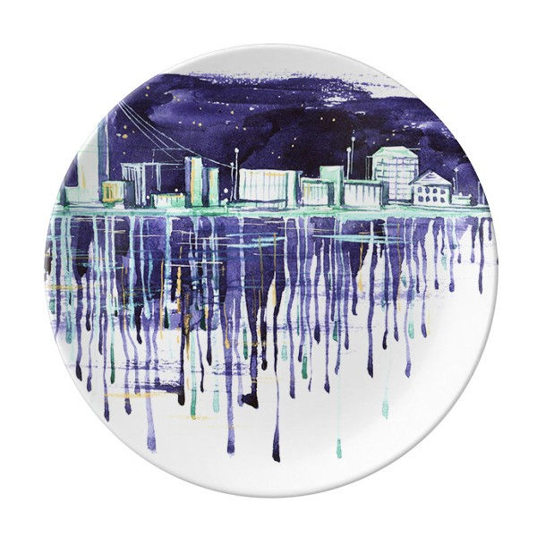 夜晚星空现代建筑水彩城市插画陶瓷餐盘子8寸月光盘餐具家居礼物