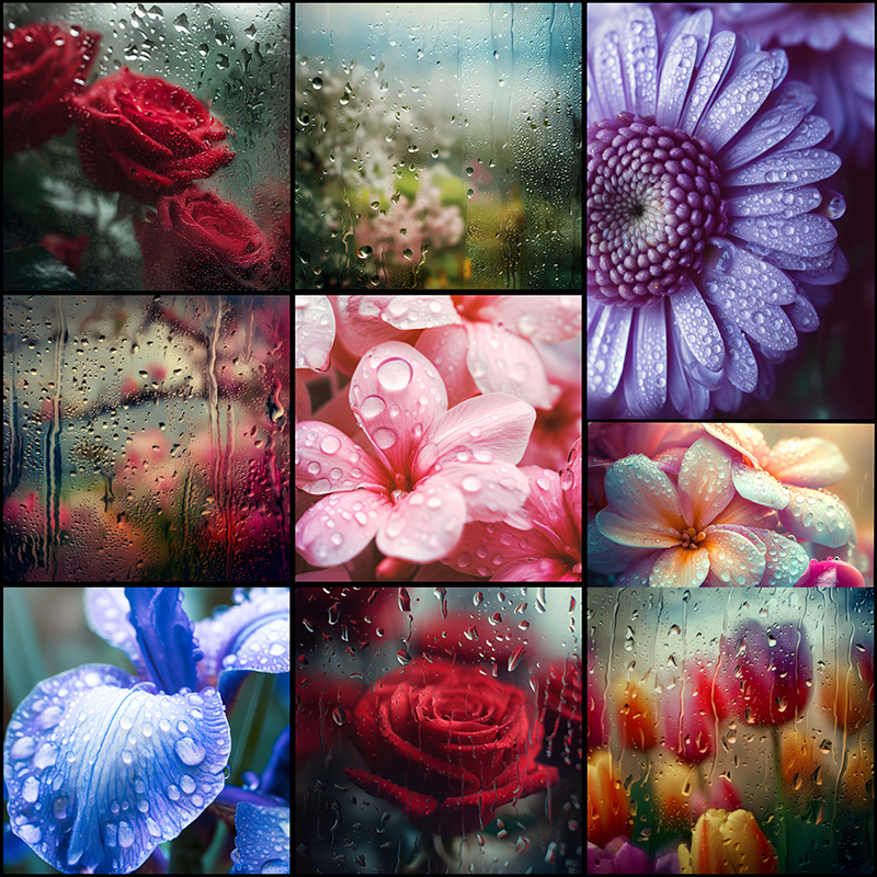 可商用雨中花朵图片唯美雨滴雨水下雨浪漫玫瑰花背景朦胧底图素材