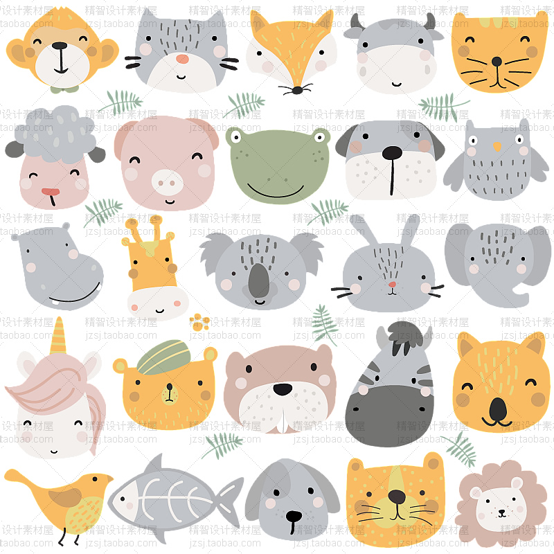 0354北欧手绘可爱卡通动物头像兔子大象狮子猫狗PNG矢量设计素材
