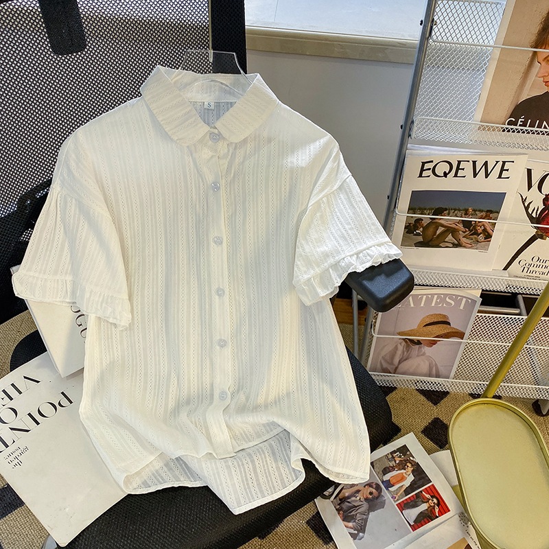 甜美宽松纯棉白衬衣女荷叶边上衣夏季设计感小众日系气质短袖衬衫