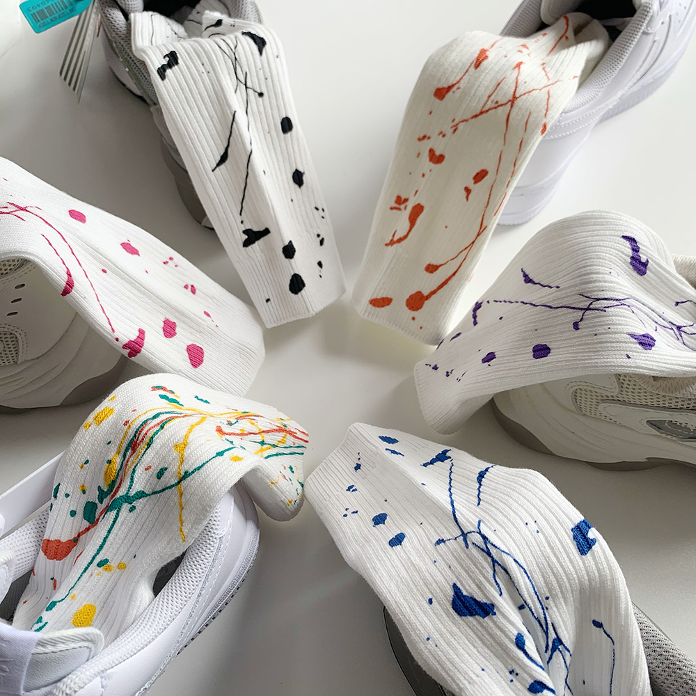 现货 泼墨艺术袜设计彩色双针堆堆运动街头潮流男女纯棉扎染袜子