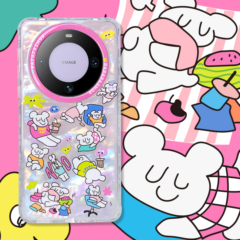 PaPaPa制造局白熊困困粉色贝壳纹原创可爱适用于华为Mate60Pro手机壳Mate60保护套