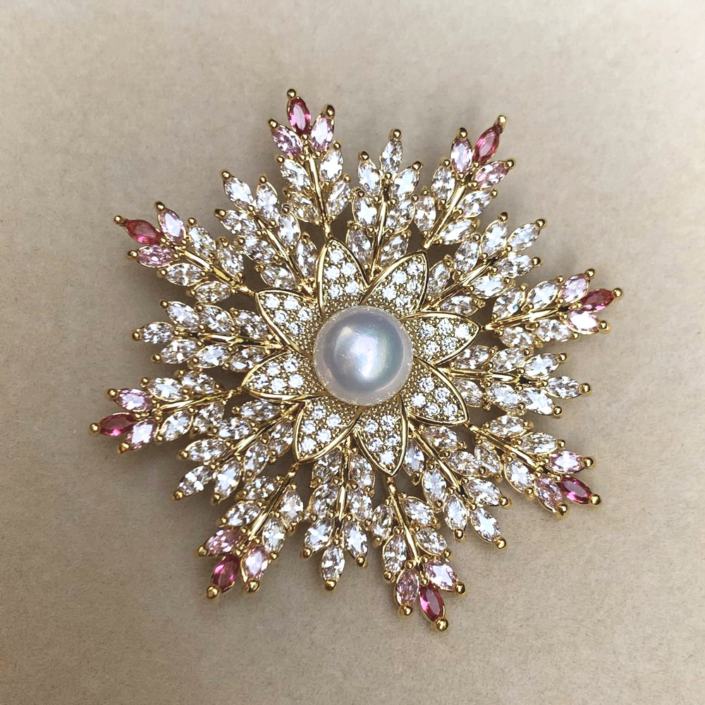 超美唯美 天然白色珍珠胸针胸花9.4mm 金色大雪花片 粉红色雪花