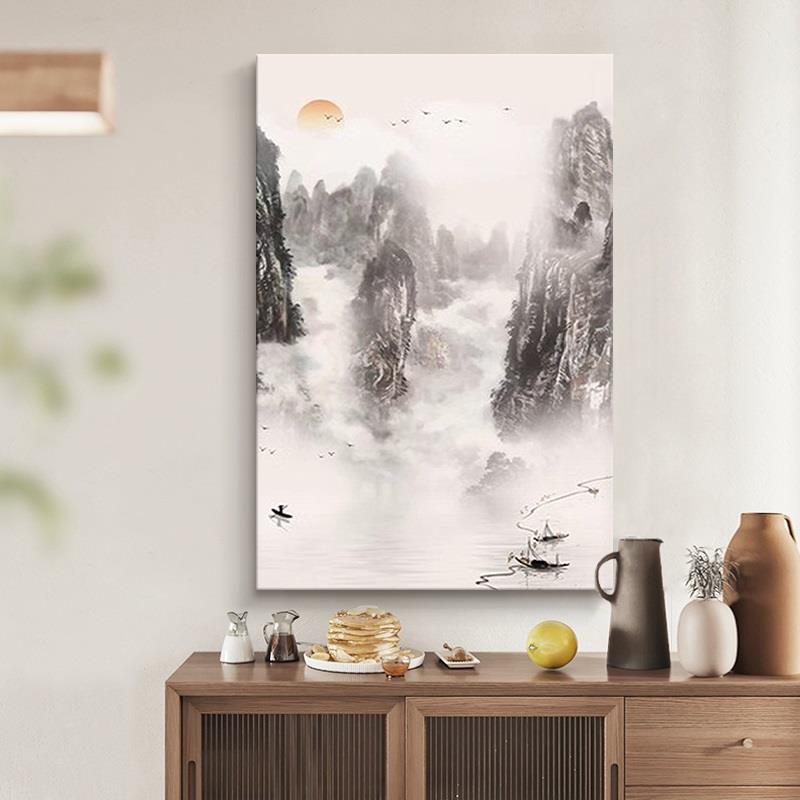 新中式山水风景纯手绘油画日出装饰画客厅抽象云雾肌理画玄关挂画