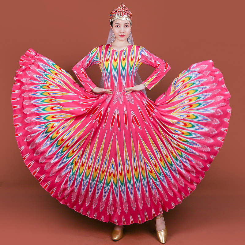 新疆舞蹈演出服民族特色新款艾德莱斯裙子维吾尔族舞台大摆连衣裙