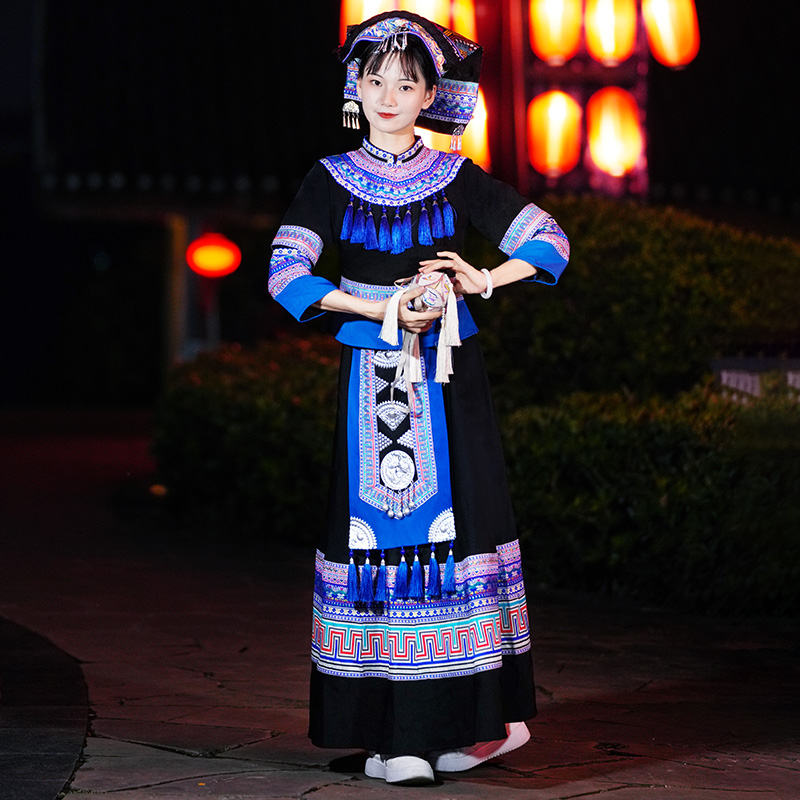 彝族风帽子56个少数民族舞蹈演出服壮族大摆裙瑶族成人版民族服装