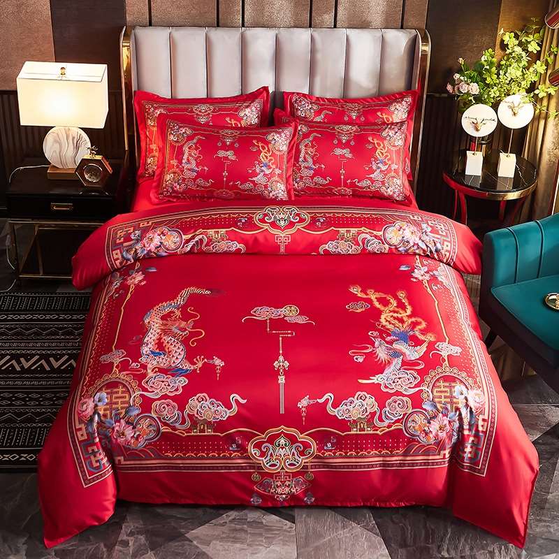 大红色婚庆结婚四件套床上用品.米床单被套新婚龙凤套件中式