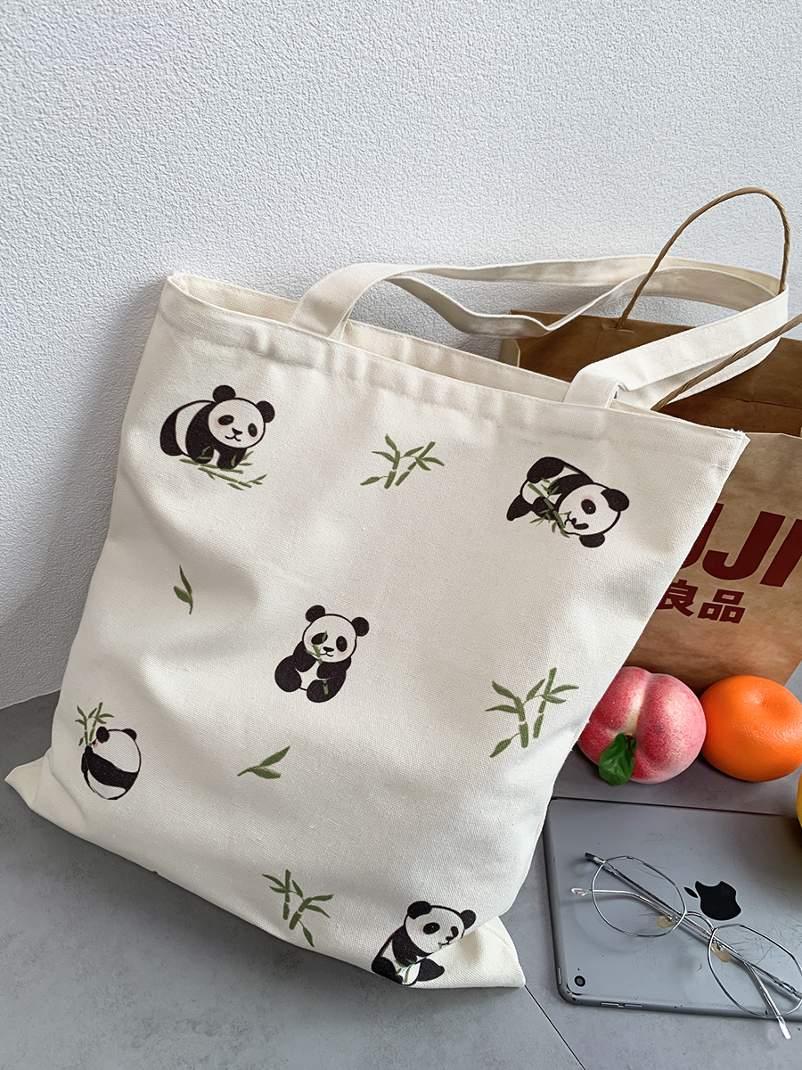 大熊猫吃竹子国潮文艺2024新款帆布包包大学生男女上课手提书包袋