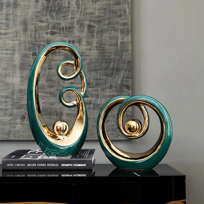 创意家居轻奢风艺术装饰品摆件独特圆圈造型陶瓷制品电镀工艺上色