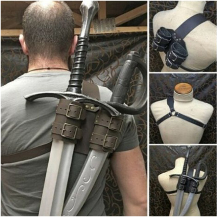 剑套户外击剑双剑鞘绑带可调节PU皮质刀鞘皮革双背剑鞘中世纪战士