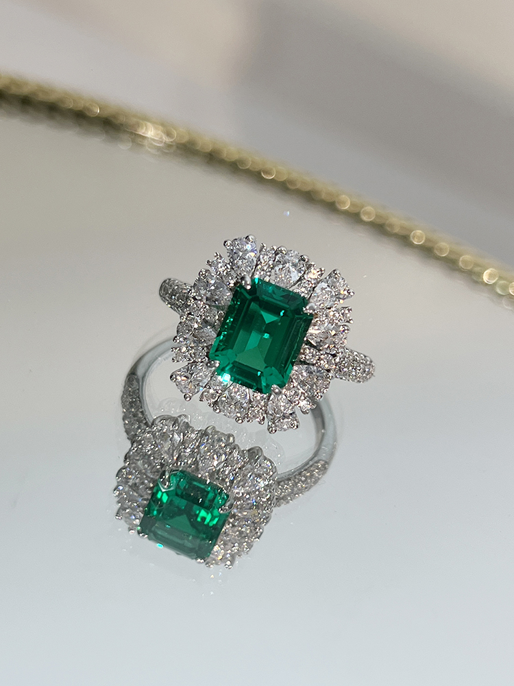 高端定制钻石围镶培育祖母绿戒指2克拉方形绿宝石钻戒女法式戒子