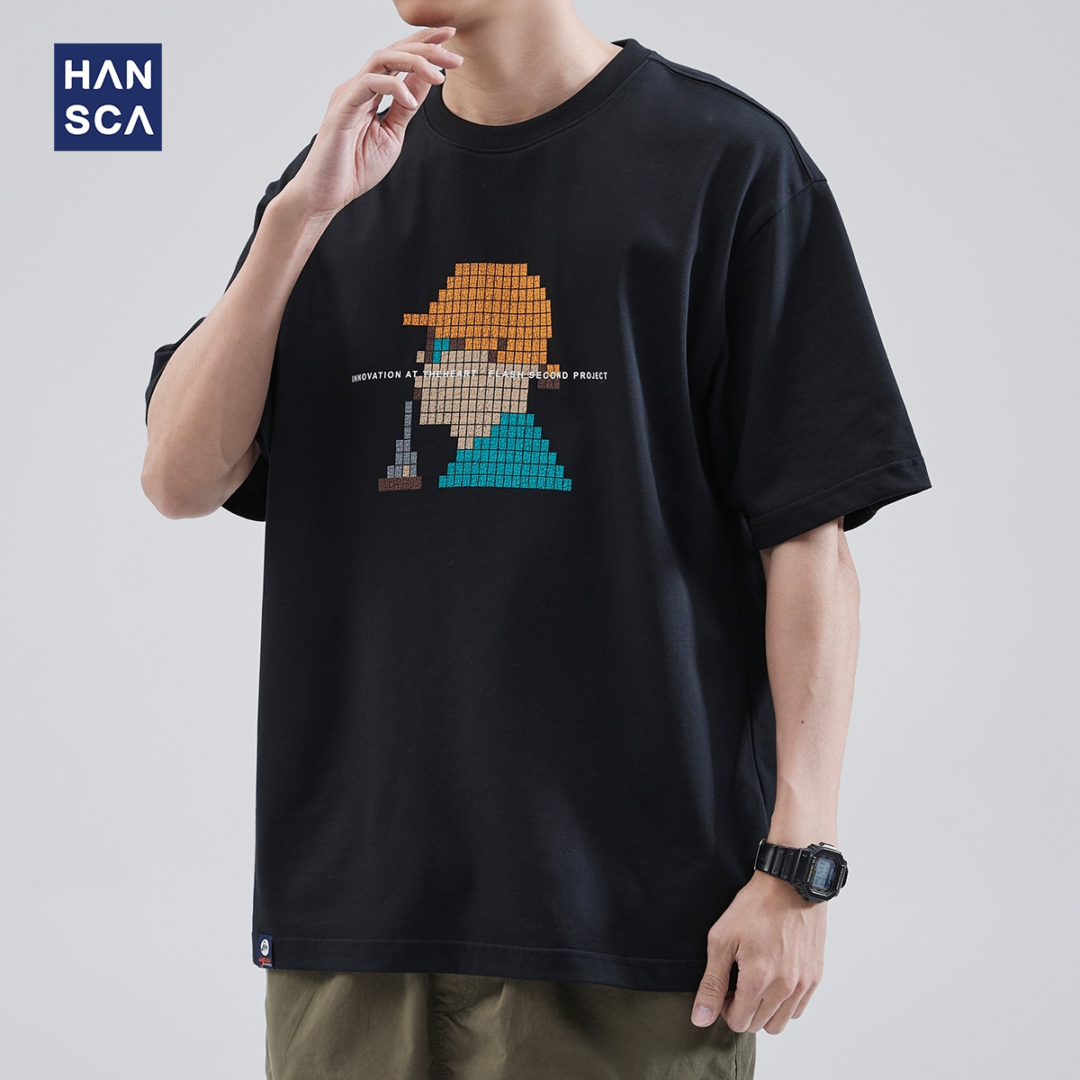 hansca 美式复古小众像素点印花短袖t恤男潮牌夏季黑色休闲体恤衫