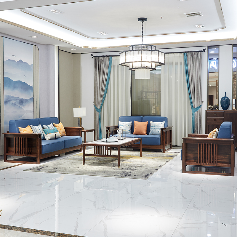 乌金木科技布沙发新中式实木布艺沙发极简客厅家具小户型原木沙发